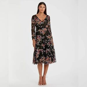 NWT Mac Duggal Black Floral Embroidered Tea Length Dress